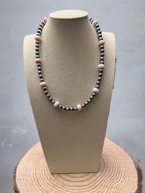 8mm Sterling Pearl and pink conch - 20 inch - Cowhide and Conchos