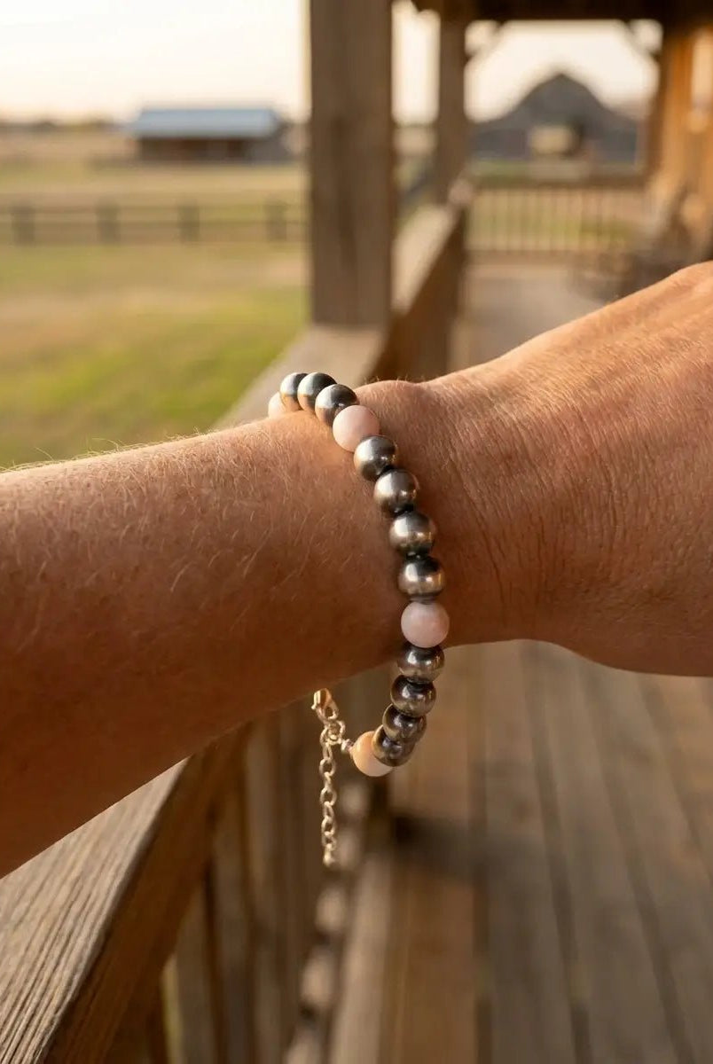 8mm Sterling Pearl Bracelet with Pink Conch — 6 inch - Cowhide and Conchos