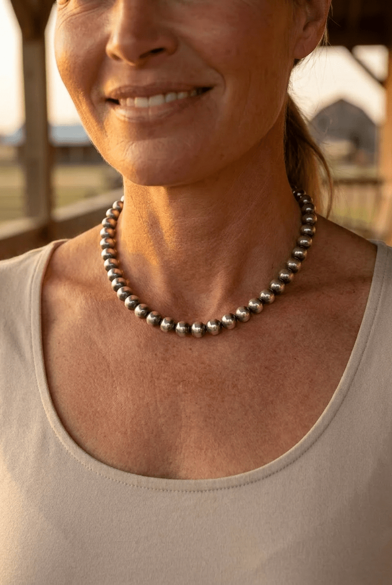 8mm Sterling Pearl Necklace — 14 inch - Cowhide and Conchos
