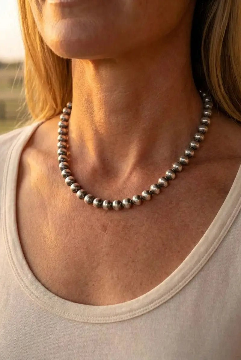 8mm Sterling Pearl Necklace — 16 inch - Cowhide and Conchos