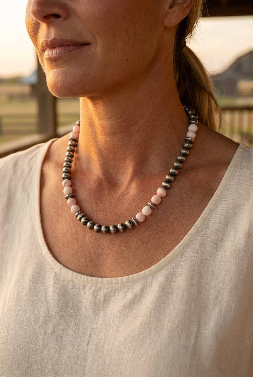 8mm Sterling Pearl, Saucer & Pink Conch Necklace — 19 inch - Cowhide and Conchos