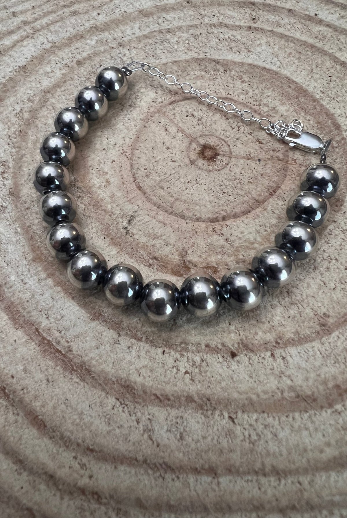 8mm Sterling Silver Pearls bracelet - 6.5 inch bracelet - Cowhide and Conchos