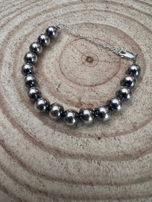 8mm Sterling Silver Pearls bracelet - 6.5 inch bracelet - Cowhide and Conchos