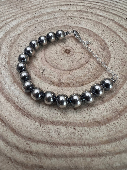 8mm Sterling Silver Pearls bracelet - 6.5 inch bracelet - Cowhide and Conchos