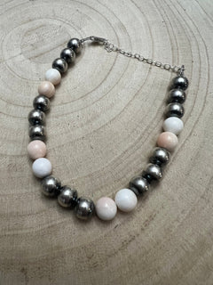 8mm Sterling Silver Pearls bracelet with pink conch beads - 6 inch bracelet - Cowhide and Conchos