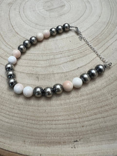 8mm Sterling Silver Pearls bracelet with pink conch beads - 6 inch bracelet - Cowhide and Conchos