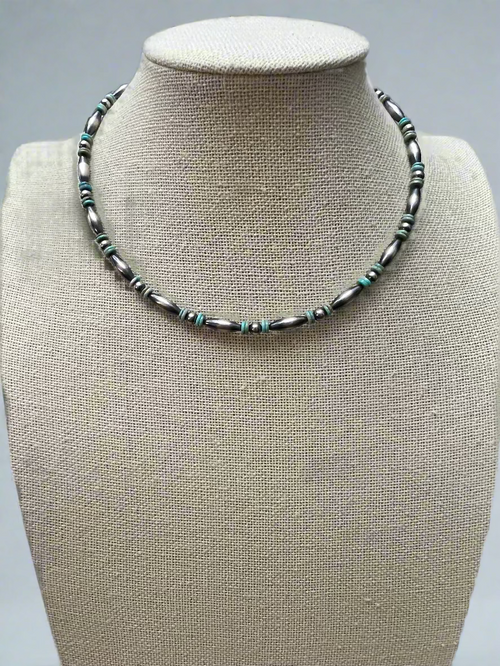 Sterling Melon & Turquoise Bead Choker - 14-inch