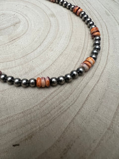 5mm Sterling Pearl and Spiny Oyster necklace - 18 Inch