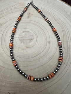 5mm Sterling Pearl and Spiny Oyster necklace - 18 Inch