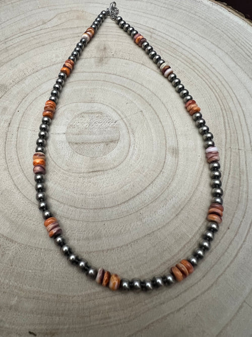 5mm Sterling Pearl and Spiny Oyster necklace - 18 Inch