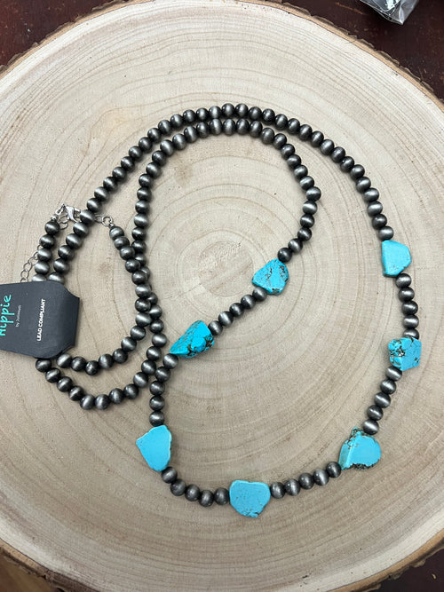 Long Faux Turquoise Nugget and Sterling Pearl Statement Necklace - 48 inch