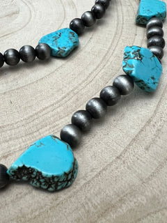 Long Faux Turquoise Nugget and Sterling Pearl Statement Necklace - 48 inch