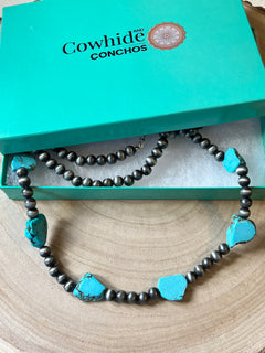 Long Faux Turquoise Nugget and Sterling Pearl Statement Necklace - 48 inch