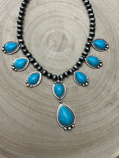 Teardrop Faux Turquoise and Sterling Pearl Necklace - 16 inch + 3