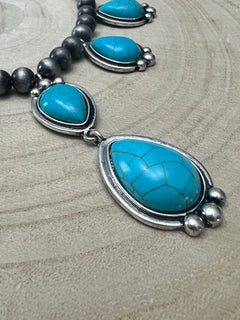 Teardrop Faux Turquoise and Sterling Pearl Necklace - 16 inch + 3