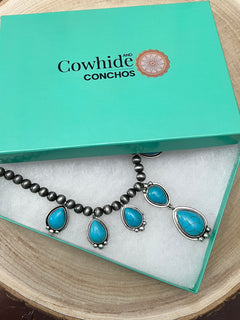 Teardrop Faux Turquoise and Sterling Pearl Necklace - 16 inch + 3