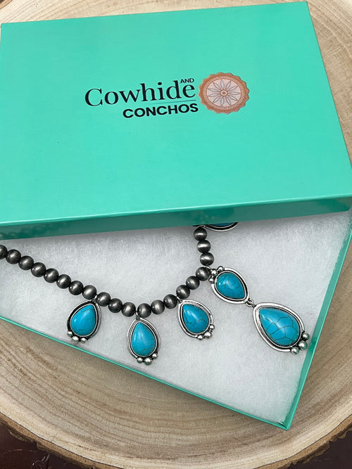 Teardrop Faux Turquoise and Sterling Pearl Necklace - 16 inch + 3