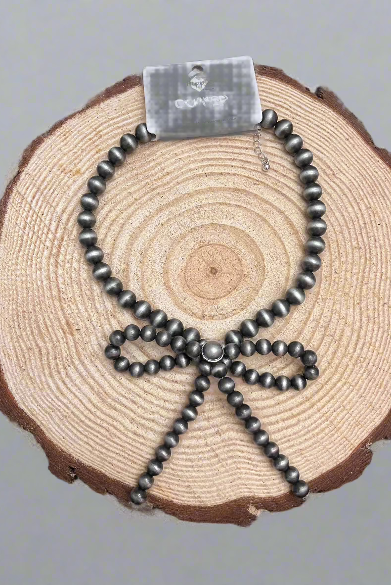 Faux Bow Necklace with Large Faux Pearls - 16 inch