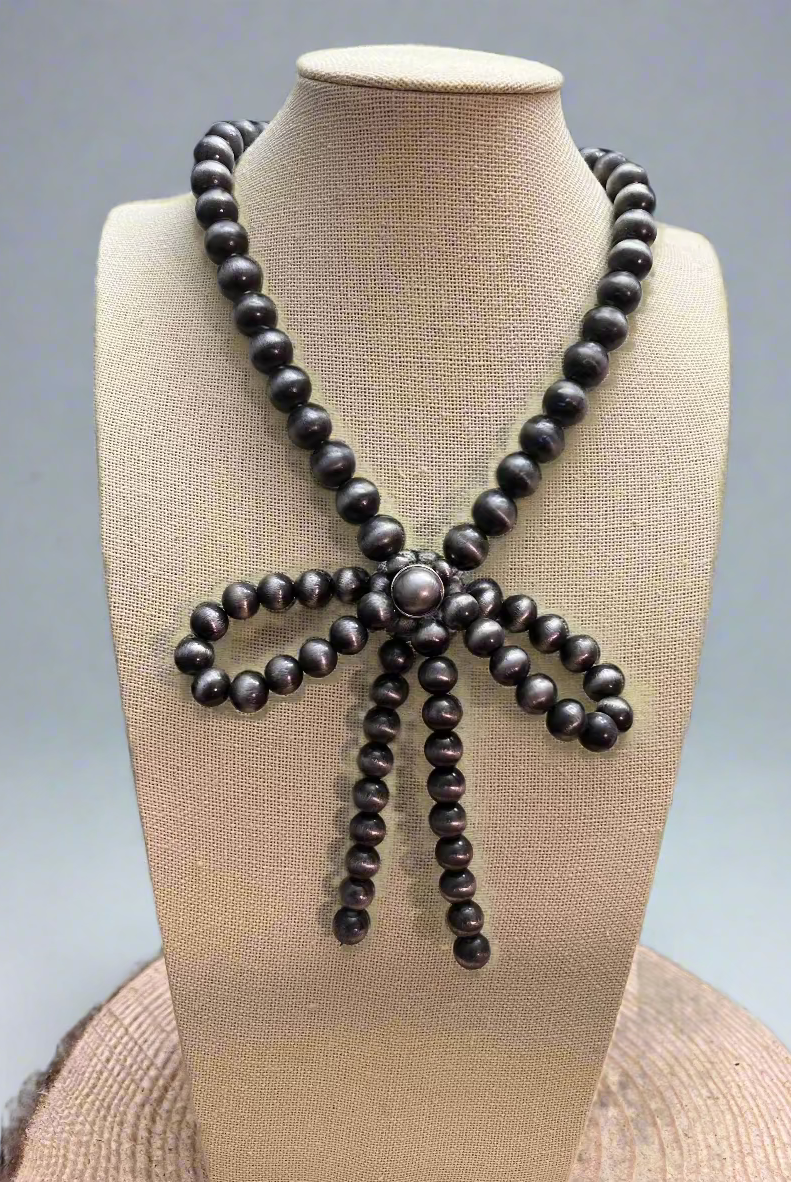 Faux Bow Necklace with Large Faux Pearls - 16 inch