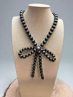Faux Bow Necklace with Large Faux Pearls - 16 inch