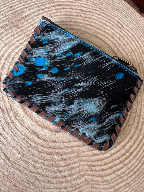 Hair on Hide Coin Purse with teal splattered paint