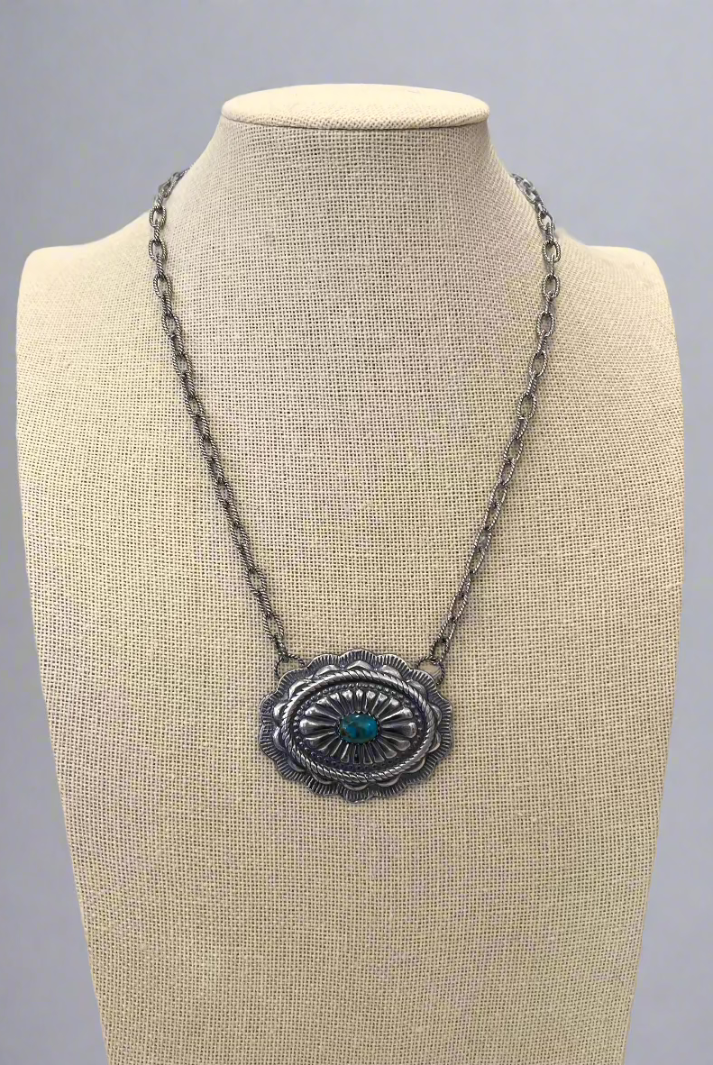 Sterling Concho and Kingman Turquoise Necklace - 18 inch
