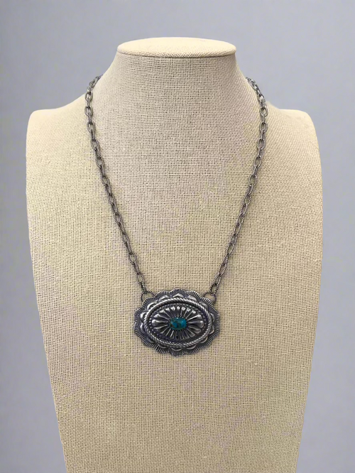 Sterling Concho and Kingman Turquoise Necklace - 18 inch