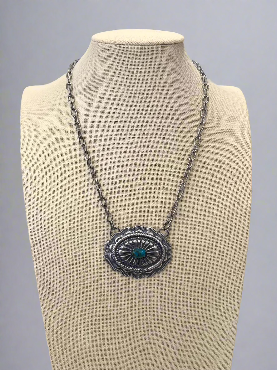 Sterling Concho and Kingman Turquoise Necklace - 18 inch