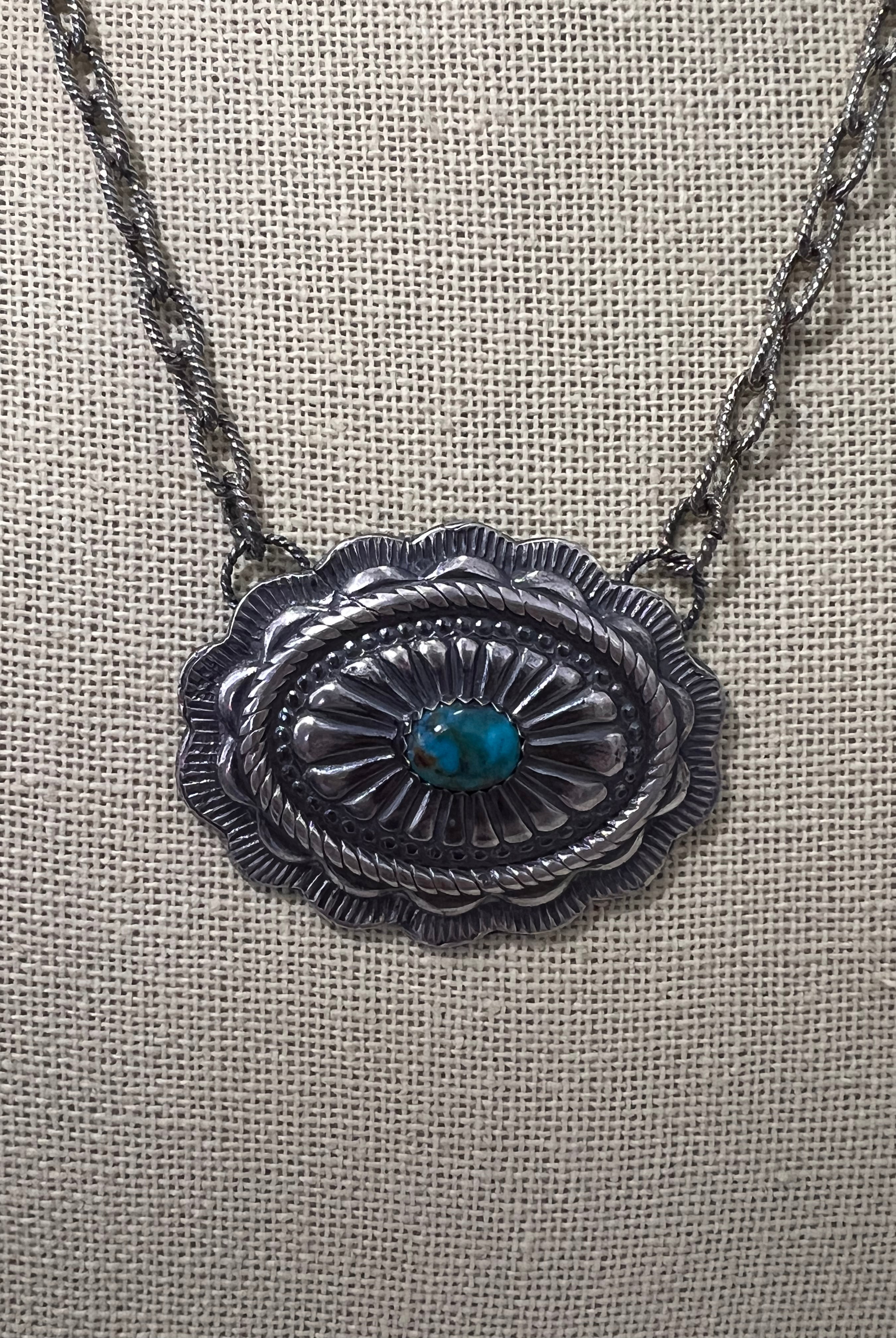 Sterling Concho and Kingman Turquoise Necklace - 18 inch