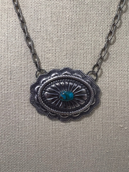 Sterling Concho and Kingman Turquoise Necklace - 18 inch
