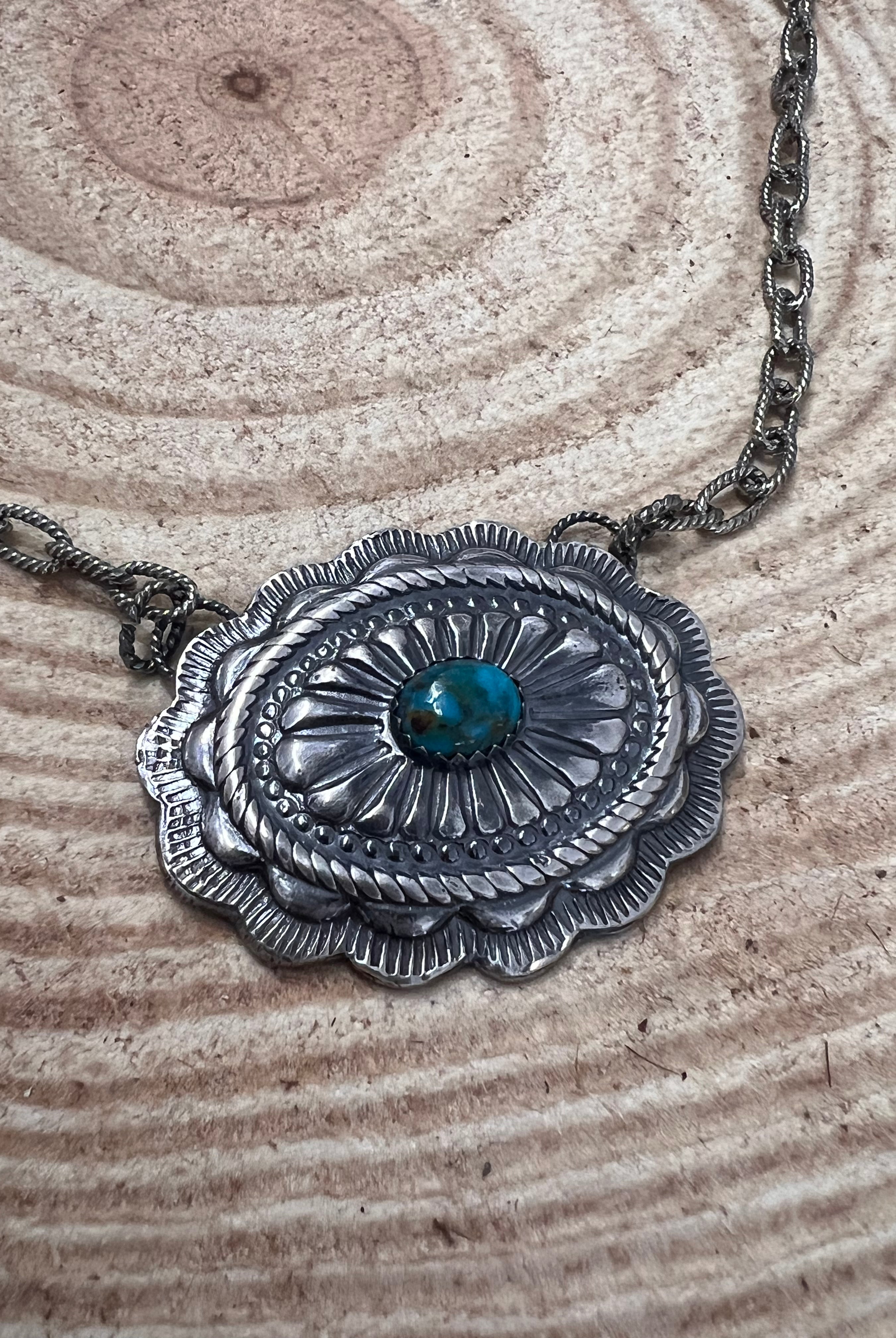 Sterling Concho and Kingman Turquoise Necklace - 18 inch