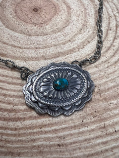 Sterling Concho and Kingman Turquoise Necklace - 18 inch