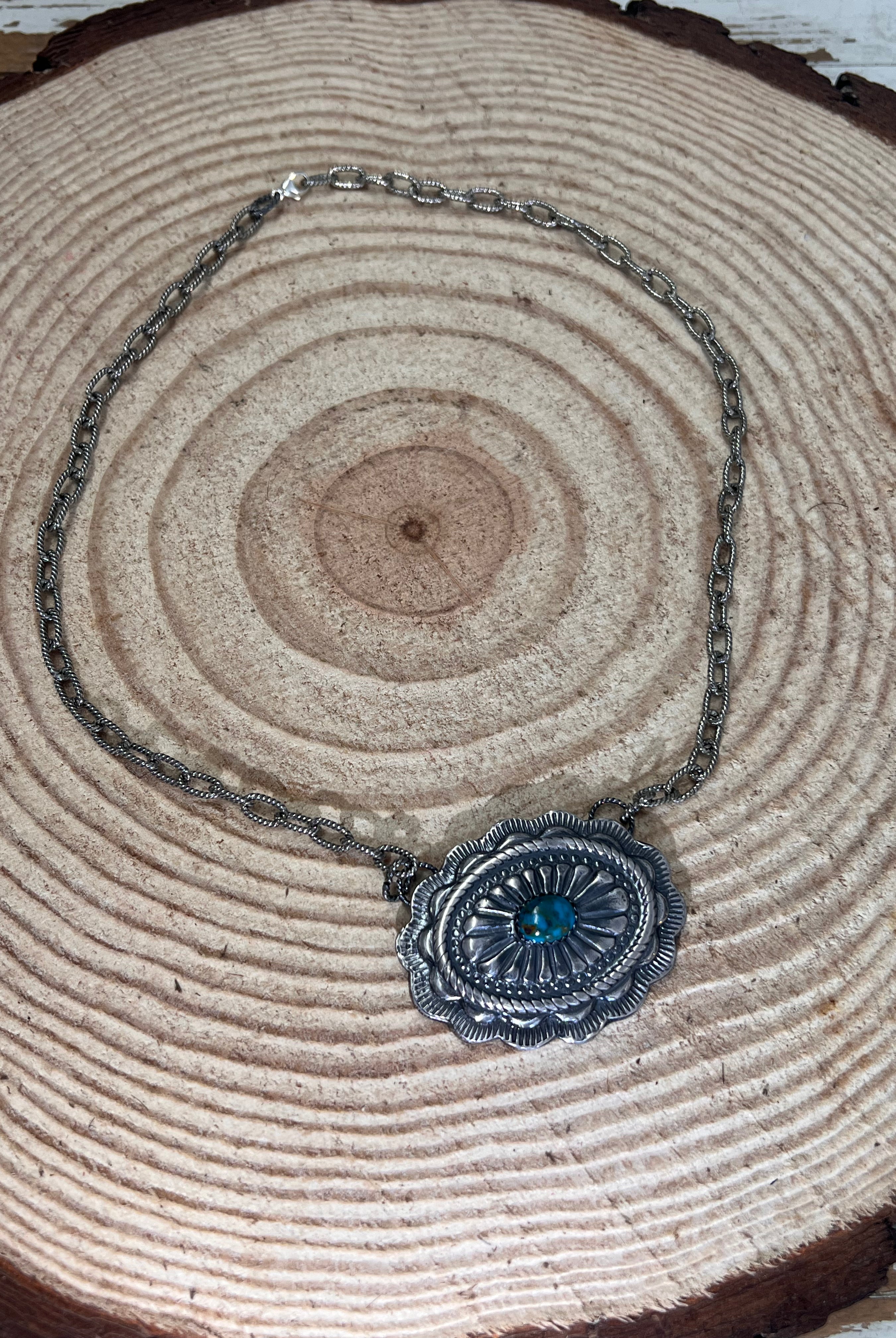 Sterling Concho and Kingman Turquoise Necklace - 18 inch