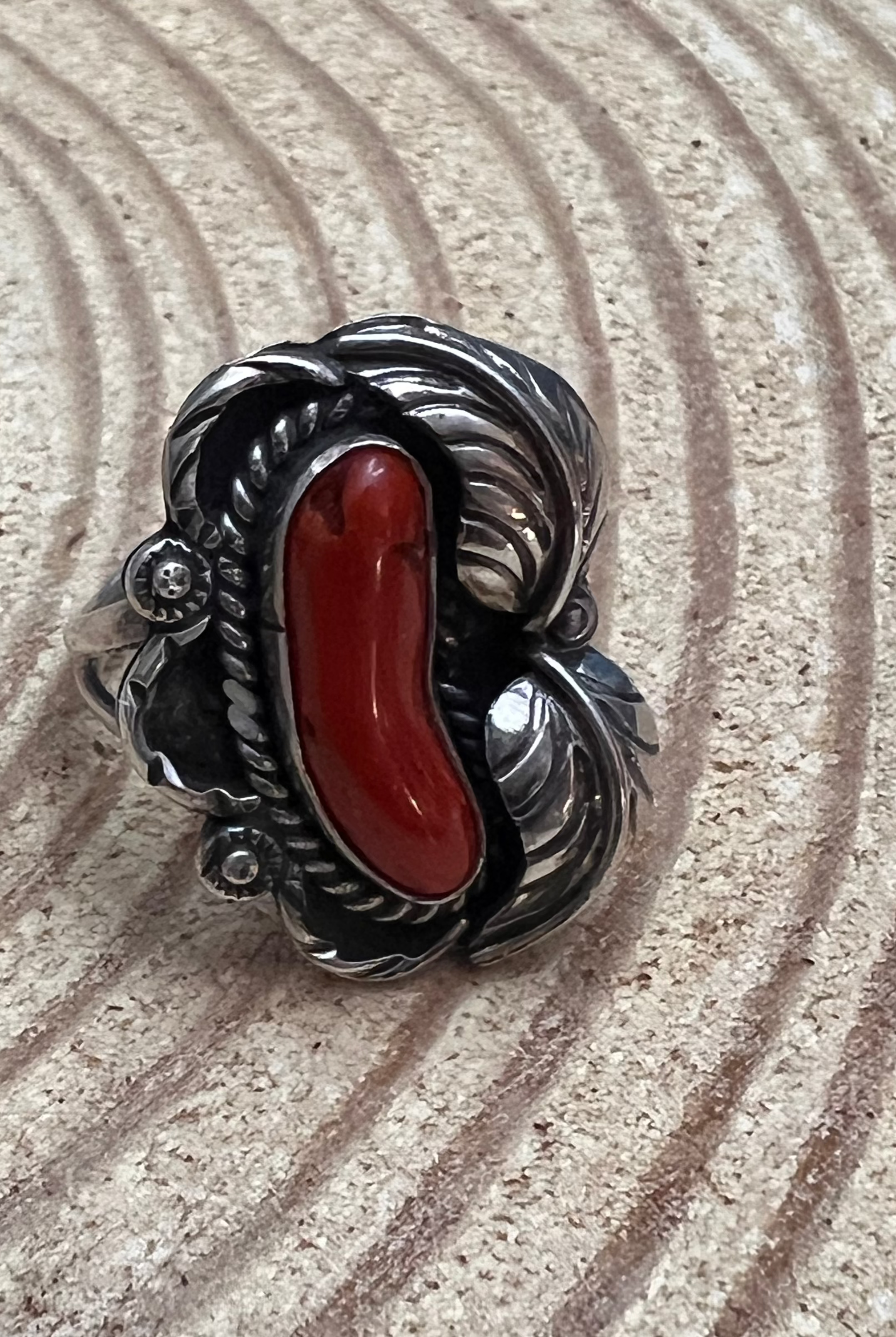 Coral and Sterling Leaf Ring - Stamped LJ - Size 6