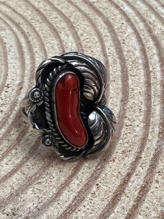 Coral and Sterling Leaf Ring - Stamped LJ - Size 6