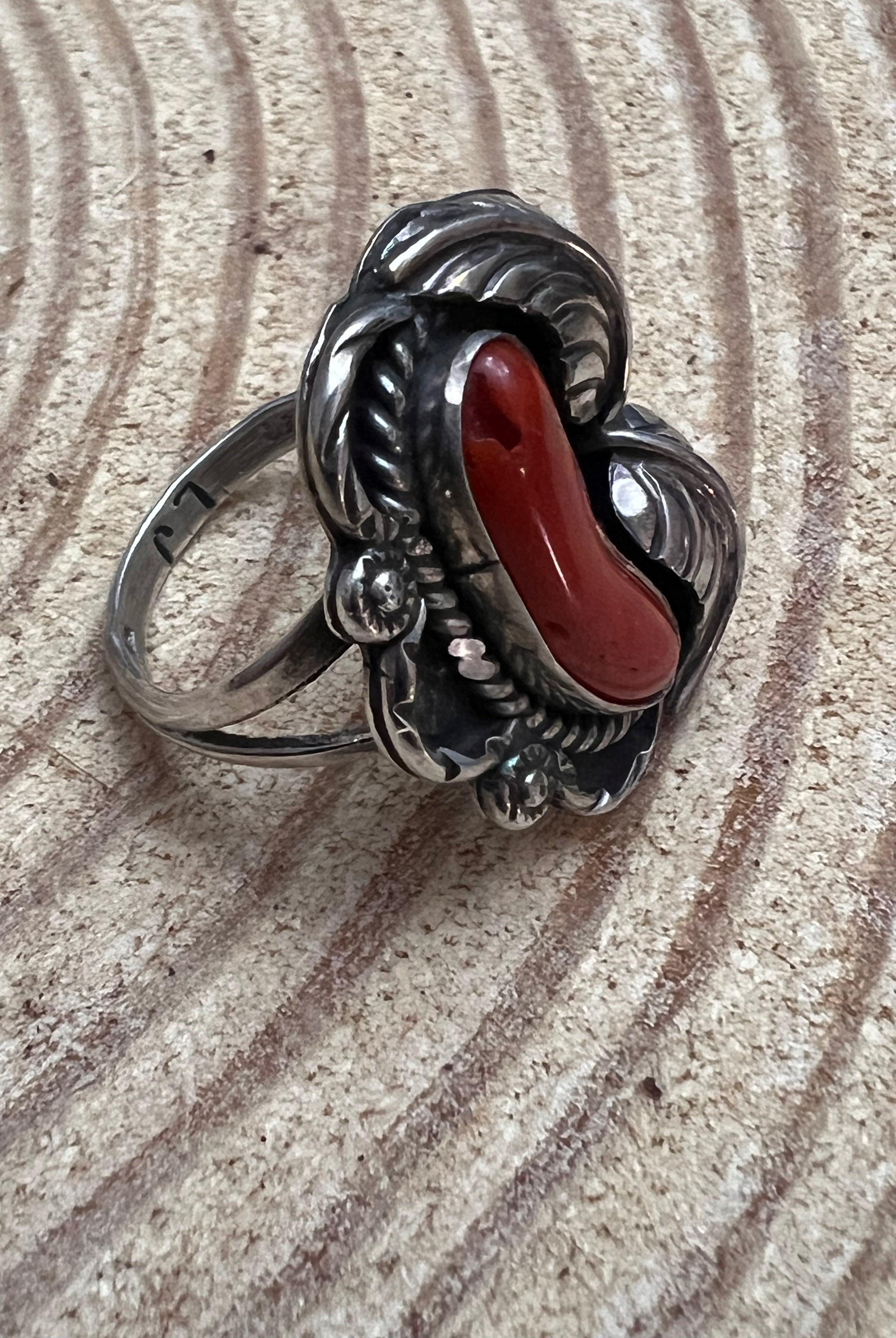 Coral and Sterling Leaf Ring - Stamped LJ - Size 6
