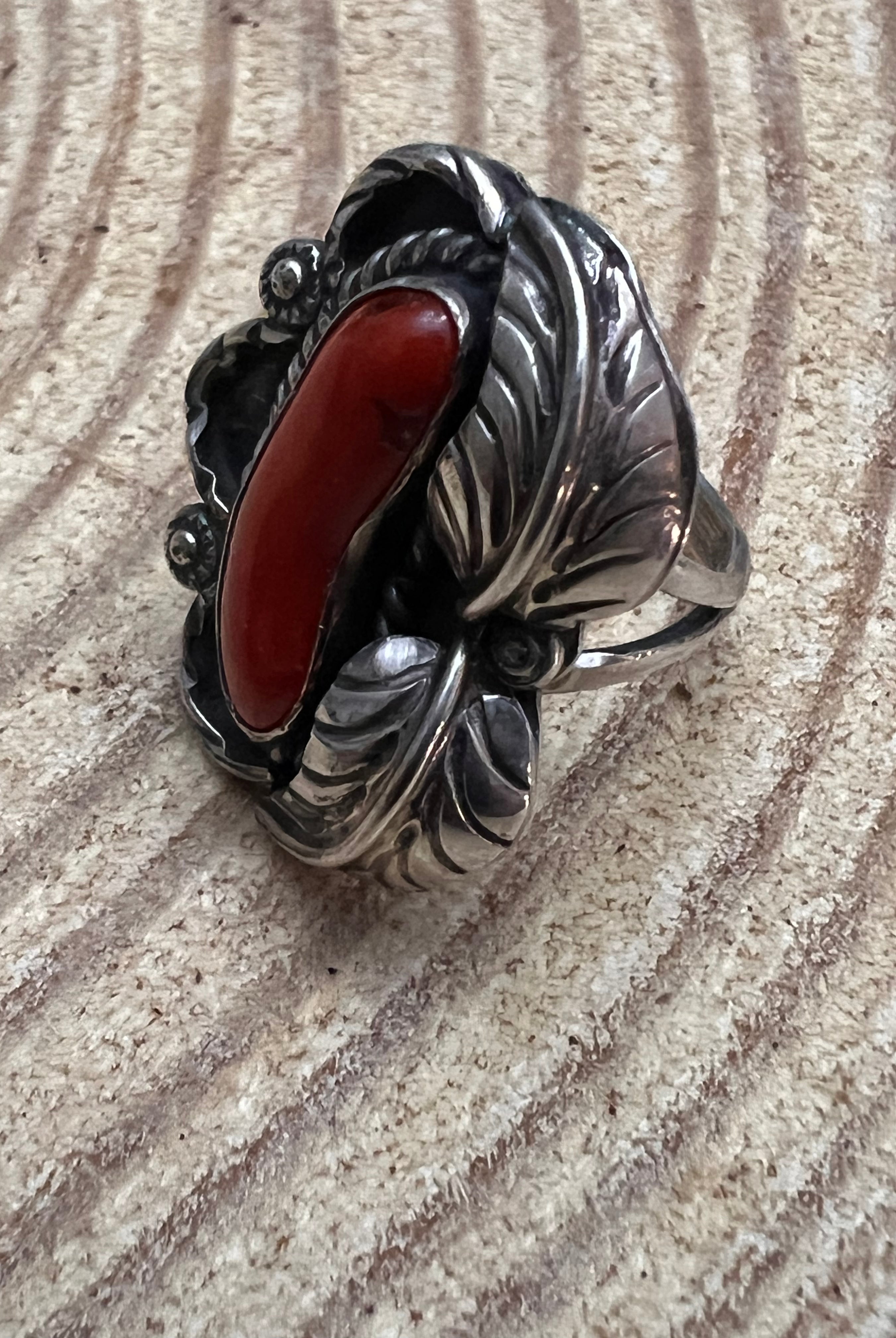 Coral and Sterling Leaf Ring - Stamped LJ - Size 6