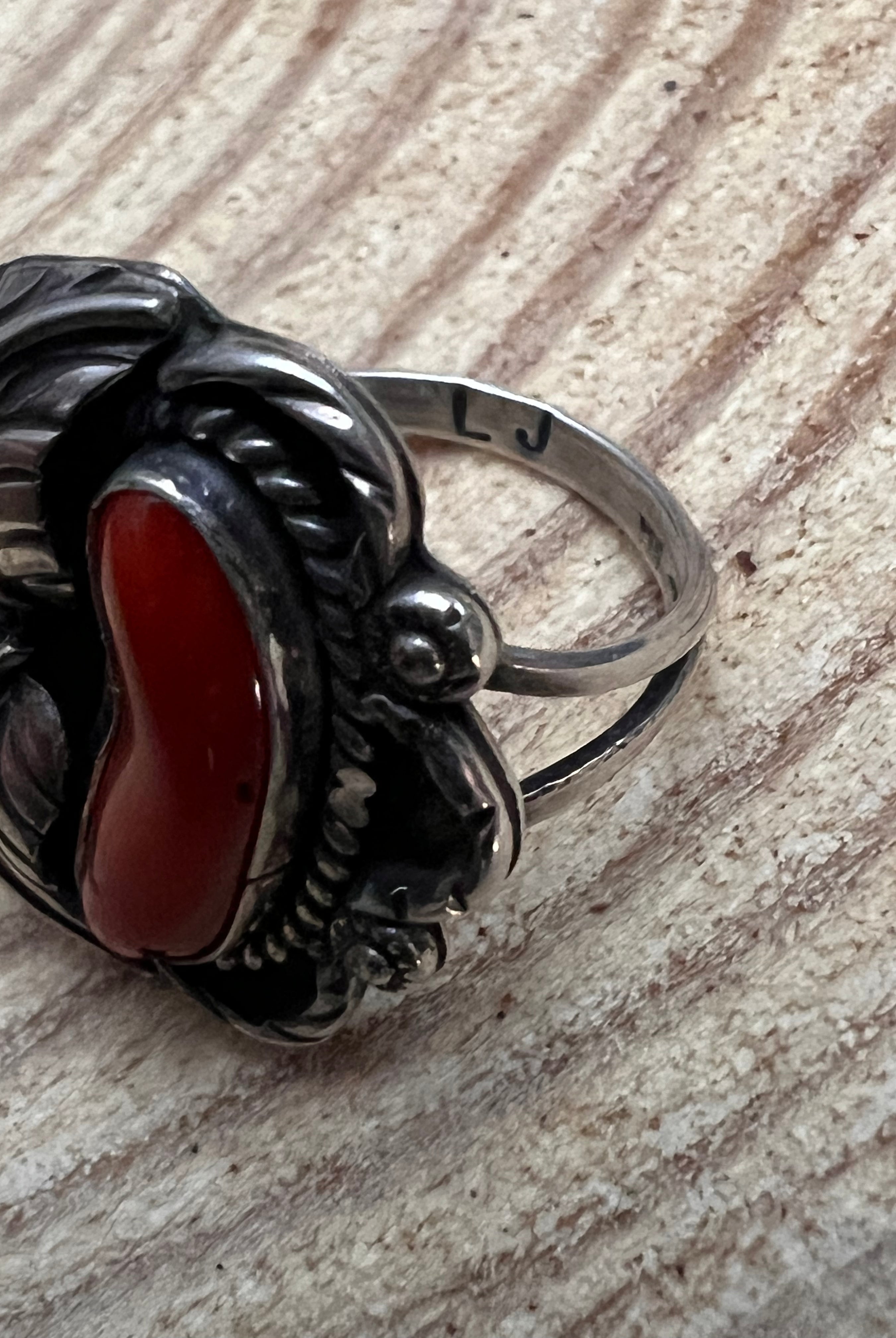 Coral and Sterling Leaf Ring - Stamped LJ - Size 6