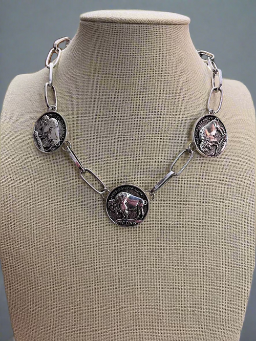 Western 3 Buffalo Coin Choker & Earring Set - 14 inch + 3