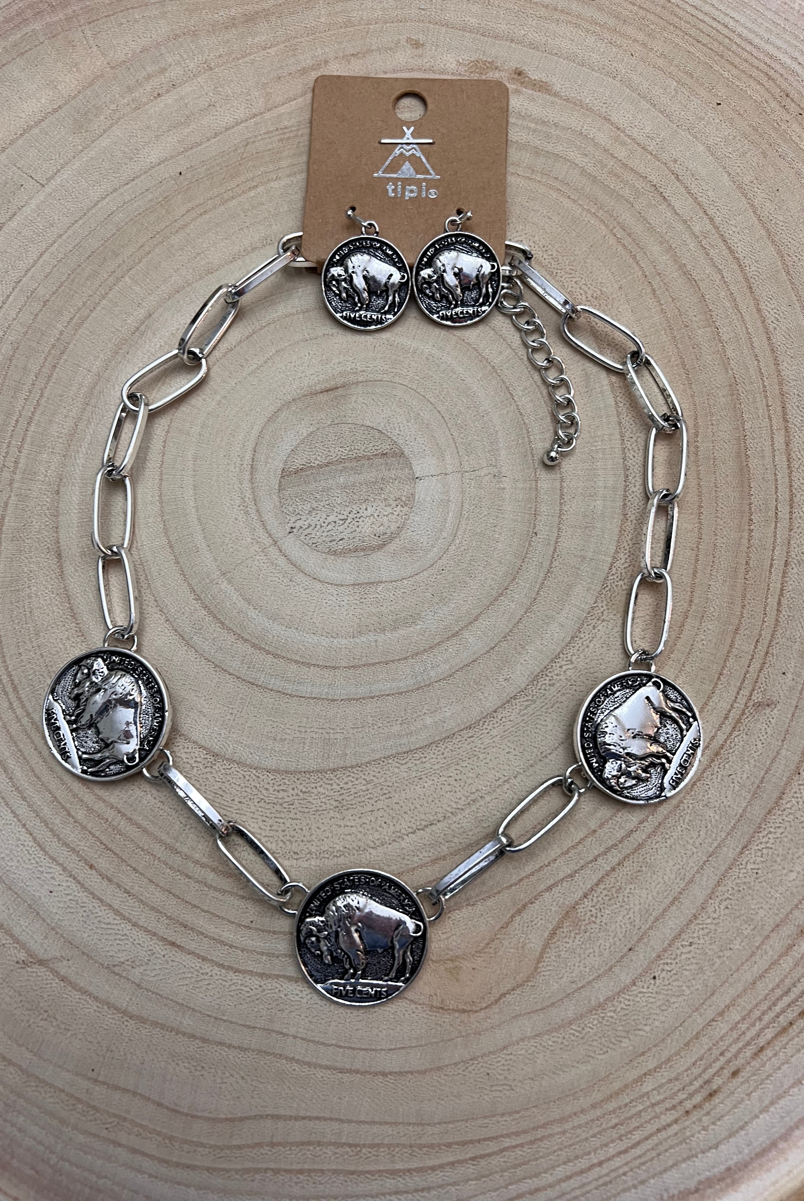Western 3 Buffalo Coin Choker & Earring Set - 14 inch + 3