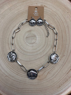 Western 3 Buffalo Coin Choker & Earring Set - 14 inch + 3