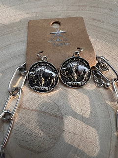 Western Large Buffalo Coin Choker & Earring Set - 14 inch + 3