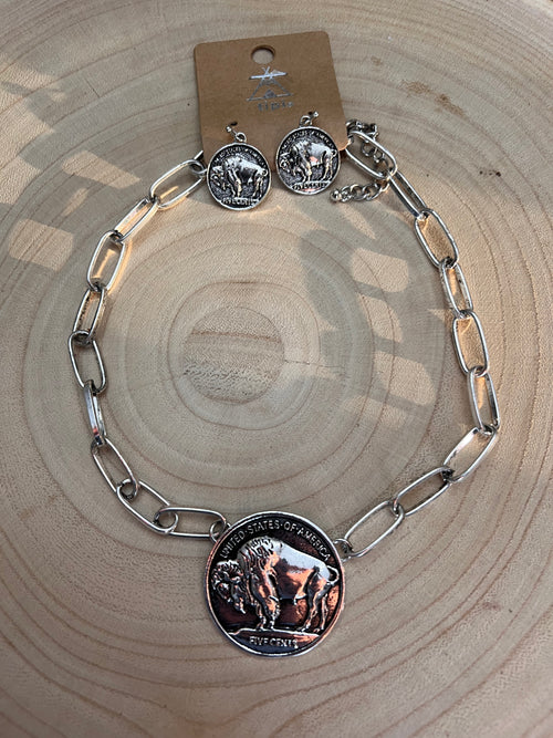 Western Large Buffalo Coin Choker & Earring Set - 14 inch + 3
