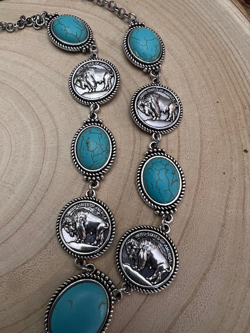Western Buffalo Coin Faux Lariat Necklace & Earring Set - 26 inch + 3