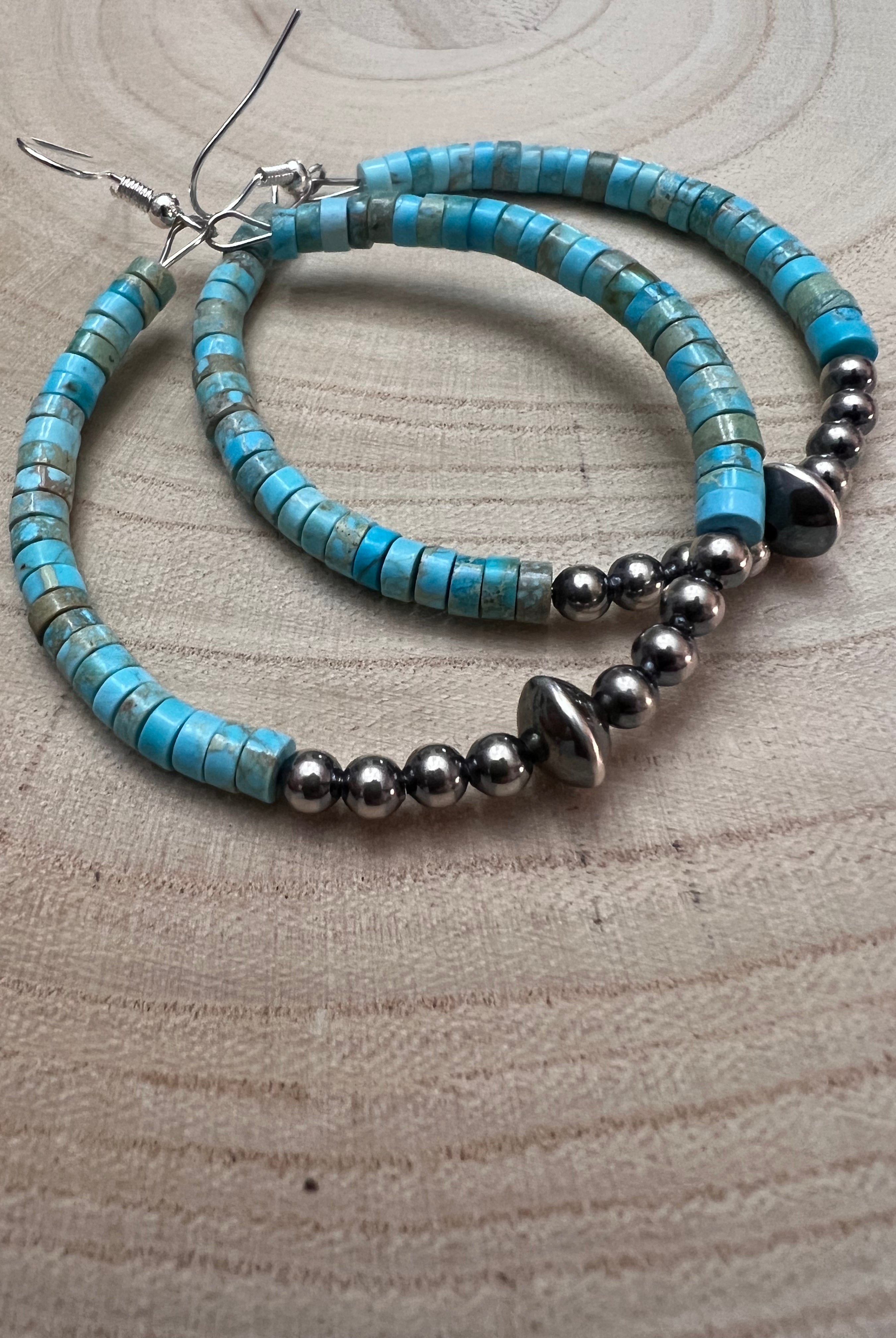 Hoop Earrings With Turquoise & Sterling Silver Pearls & Saucer