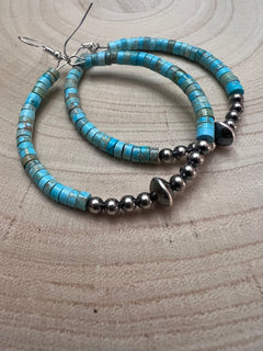 Hoop Earrings With Turquoise & Sterling Silver Pearls & Saucer