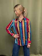 Red Turquoise Serape Pearl Snap Button Down Embroidered Top
