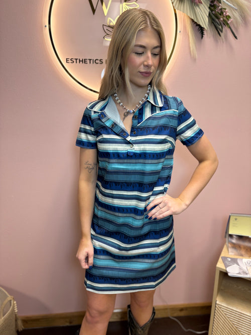 Western Blue Serape Printed Collared Dress W Pockets