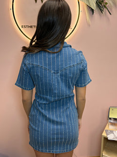 Denim Rhinestone Striped Detailed Collared Dress