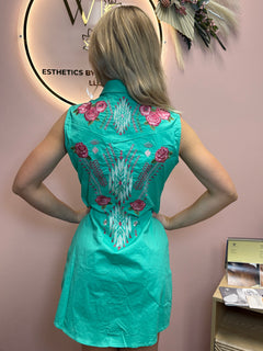 Jade Pearl Snap Button Down Floral Embroidered Sleeveless Stretch Tunic Dress